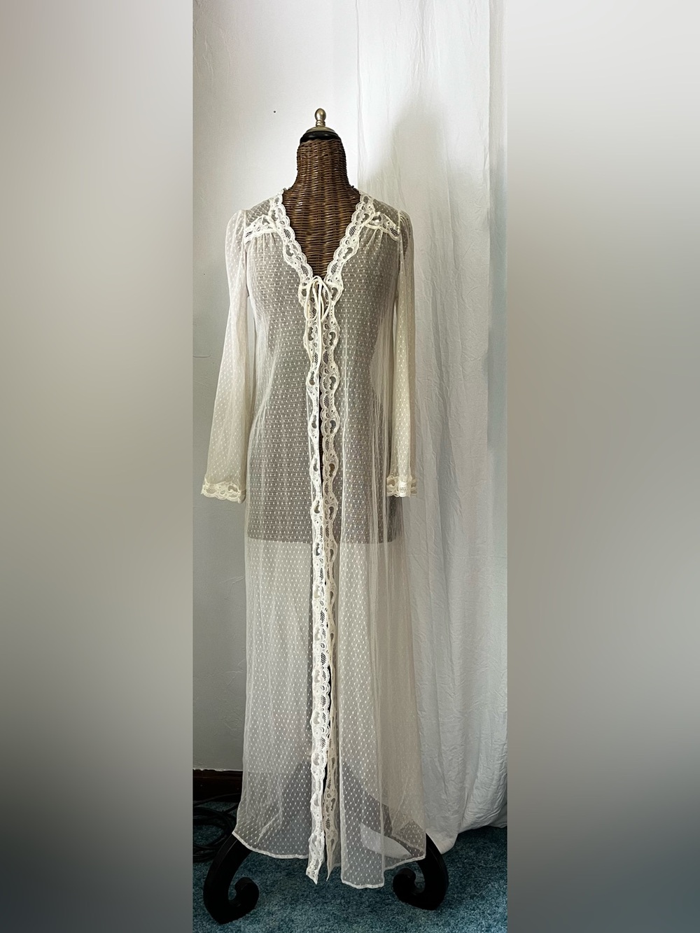 Sheer Ivory Lace-Trim Long Robe.